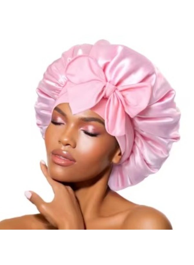 Premium Silk Satin Hair Bonnet with Adjustable Ribbon Tie  Soft Night Sleep Cap for Hair Protection, Frizz Control, and Retaining Moisture Pink bonnet - Image 3
